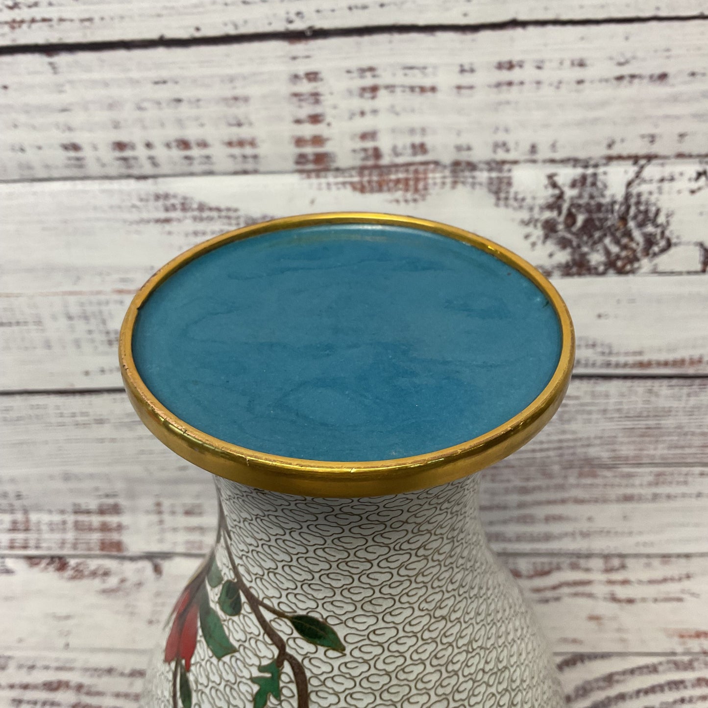 Cloisonne Floral Bird Design White Enamel Brass Vase 10.5"