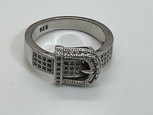 Sterling Silver & Rhinestone Buckle Design SZ 9 Ring- 5.22g