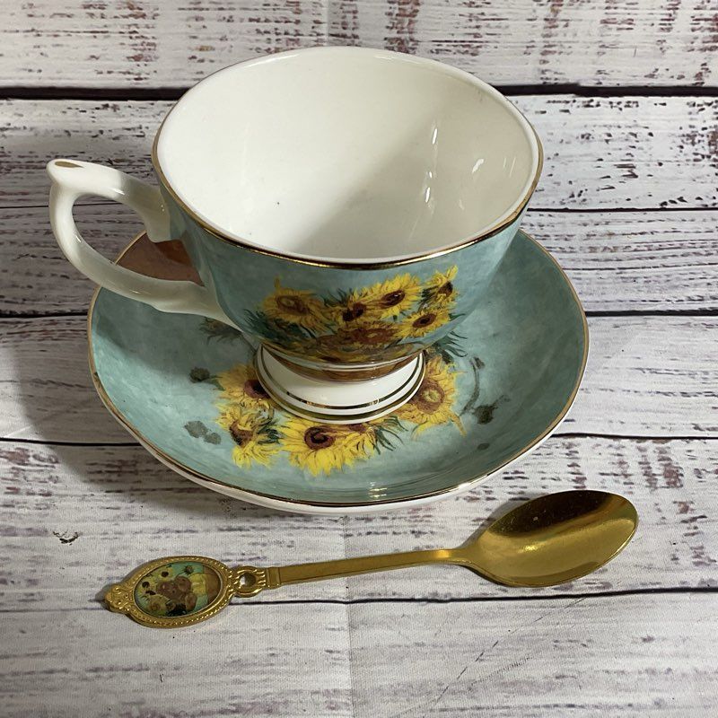 VAN GOGH Sunflowers Motif Cup, Saucer & Teaspoon Set- China