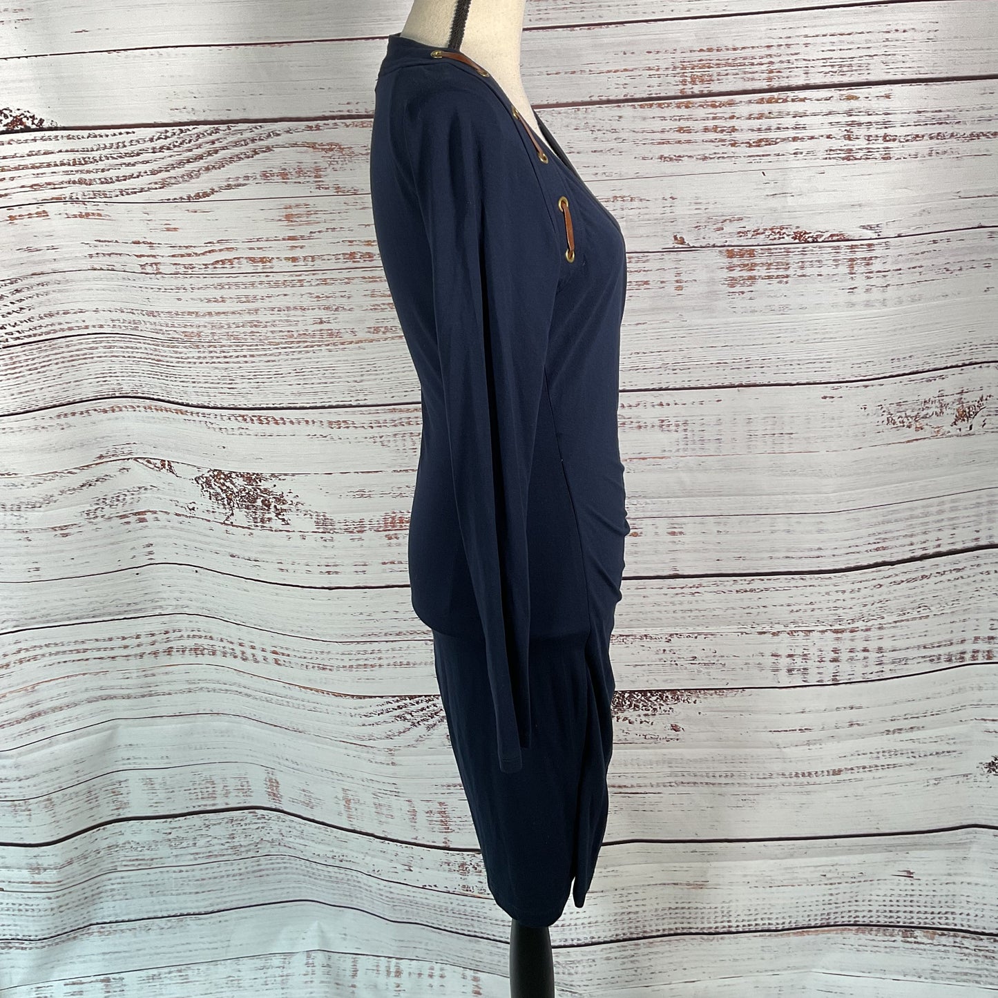 Carmen Marc Valvo Navy Blue Faux Wrap Stretch Dress - Size M
