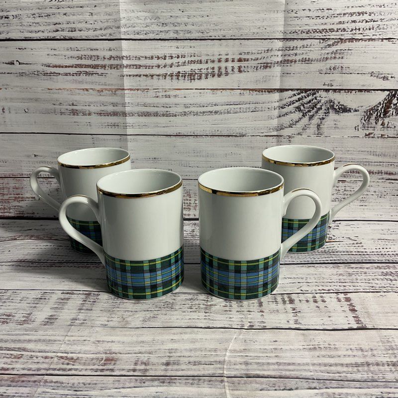 Set Of 4 Williams Sonoma Macneill Tartan Blue/Green Plaid 4" Tea Coffee Mugs