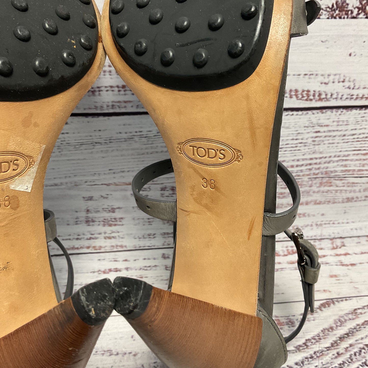 Tod's Grey Leather Ankle Strap Sandal Heel Women Size 8