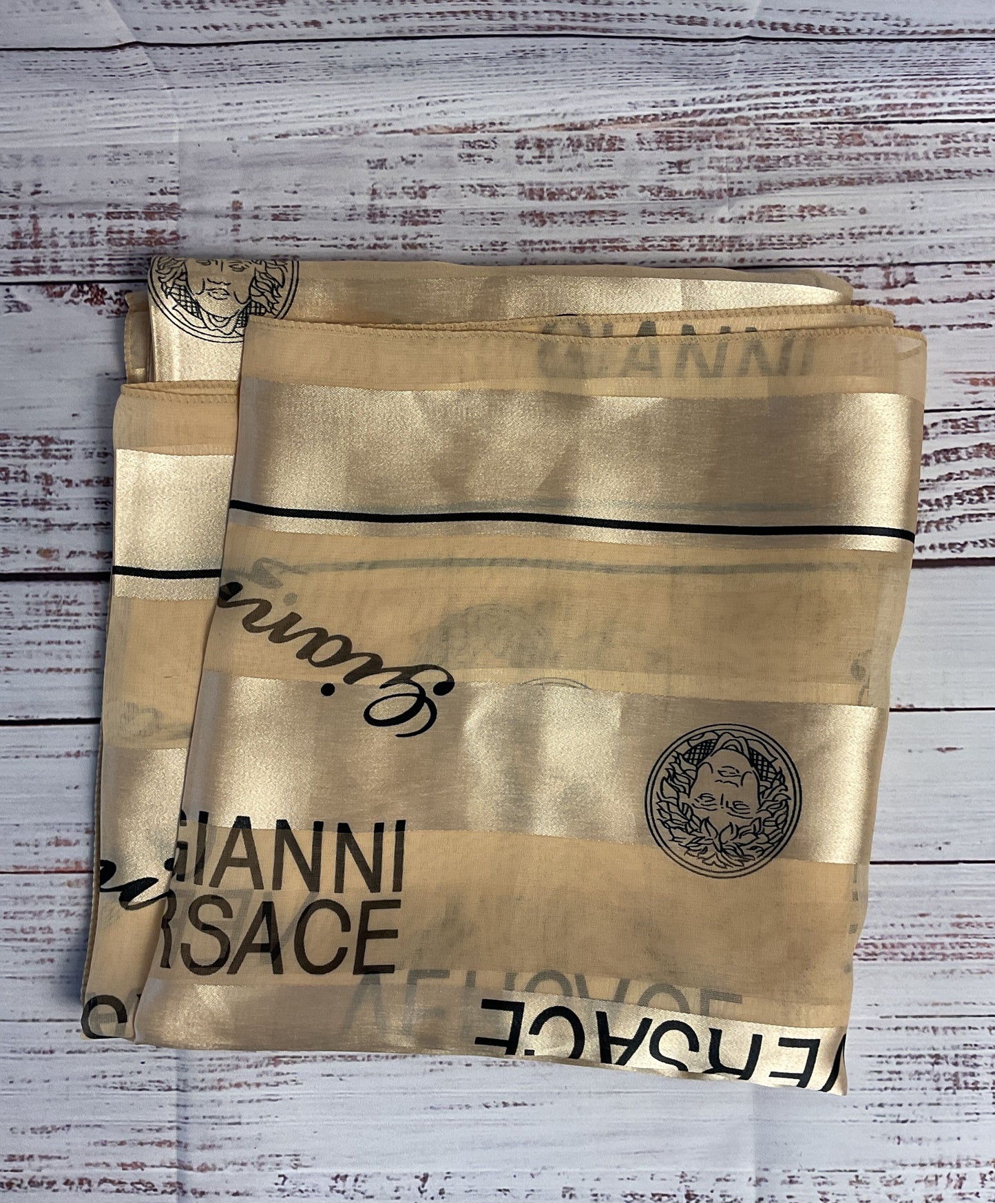 Vintage Gianni Versace Large Gold Striped Scarf with Versace Print