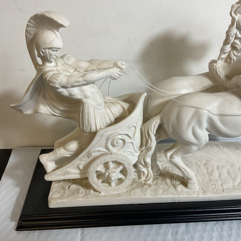 VTG. Signed A. SANTINI Roman Chariot Gladiator Horses Sculpture- 16.5" x 11.5"