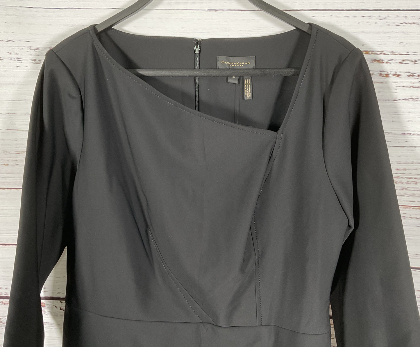 Donna Karan Women's Black Asymmetrical Neck 3/4 Sleeves Sheath Dress Size 10