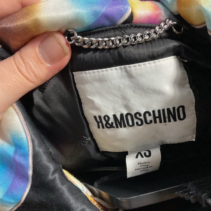 H&M Black CD All Over Print Hooded Bomber Jacket - Size XS