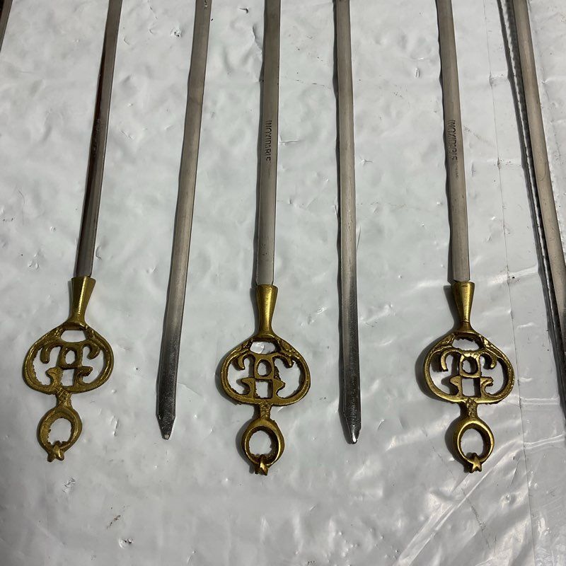 Set Of 12 Vintage Ornate Brass & Steel Kebab Skewers