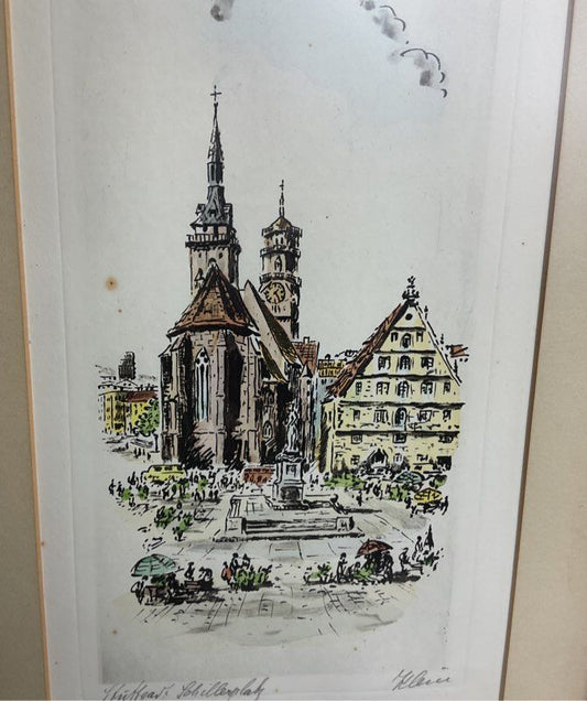 Germany Cityscape of Stuttgart Hauptbahnhof & Schlossplatz Etchings by Klein