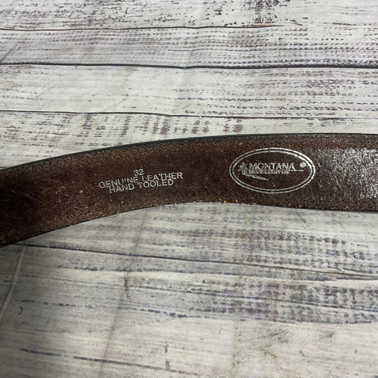 Montana Silversmiths Dark Brown Embossed Leather Cowboy Belt sz 32 *NO BUCKLE*