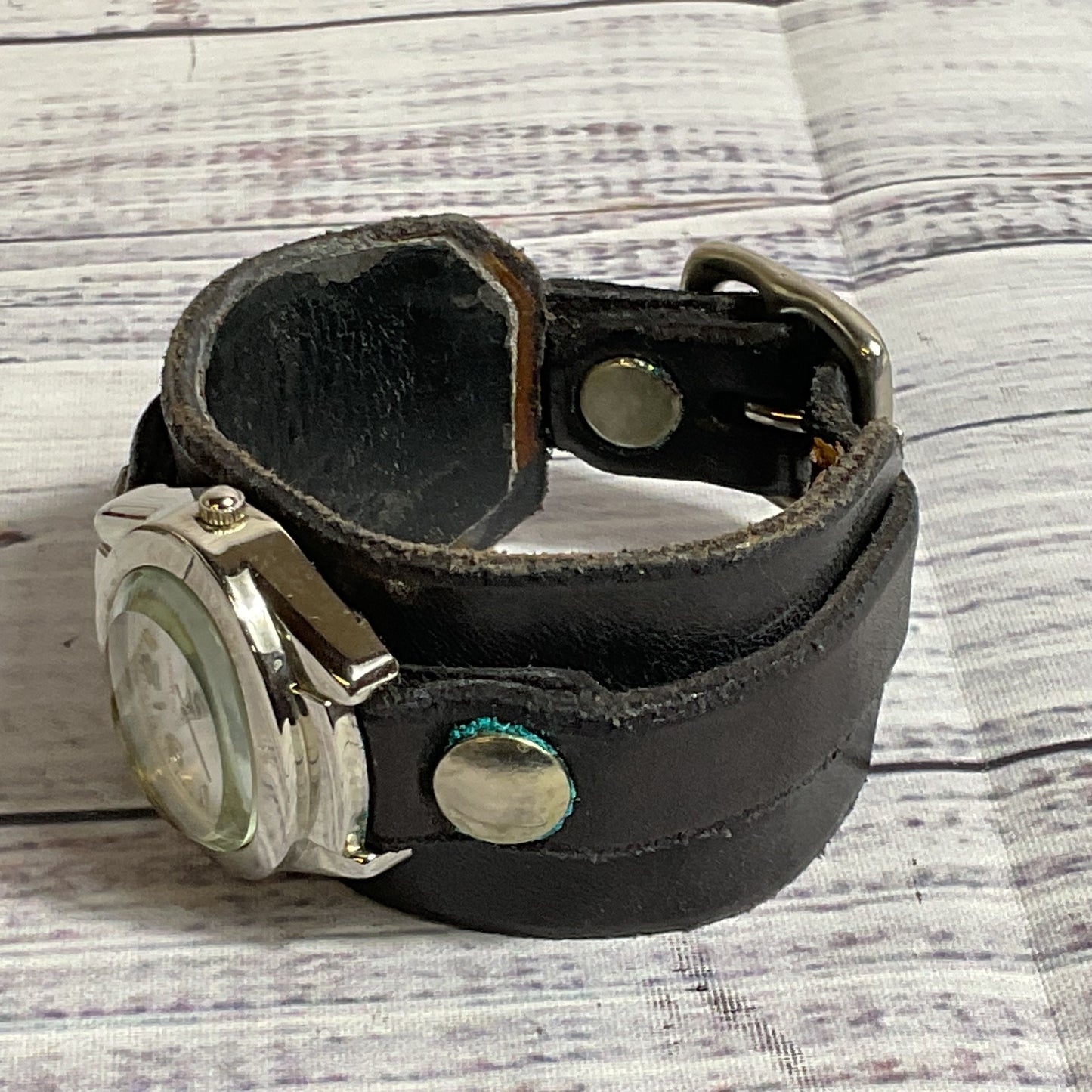RED MONKEY Designs Women's Black Leather Wide Band Watch- NEEDS BATTERY