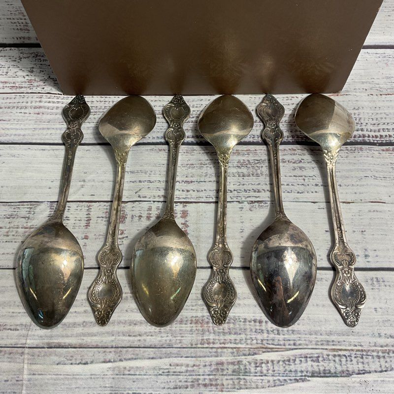 Set Of 6 Russian MHU Silver Plate Soup Spoons w/ Brown Case