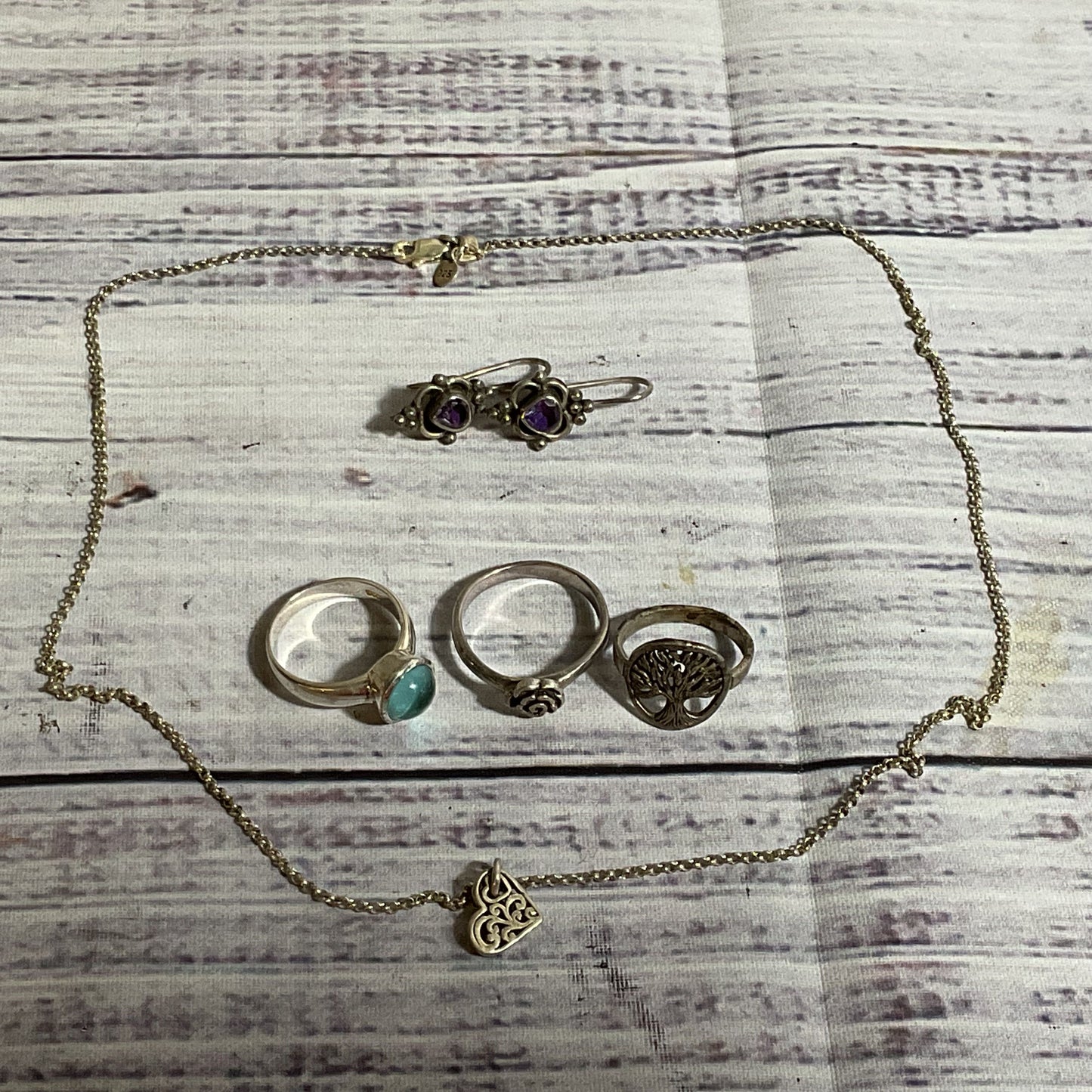 Lot of Sterling Silver 3 Rings, Earrings, Necklace- 14.62g