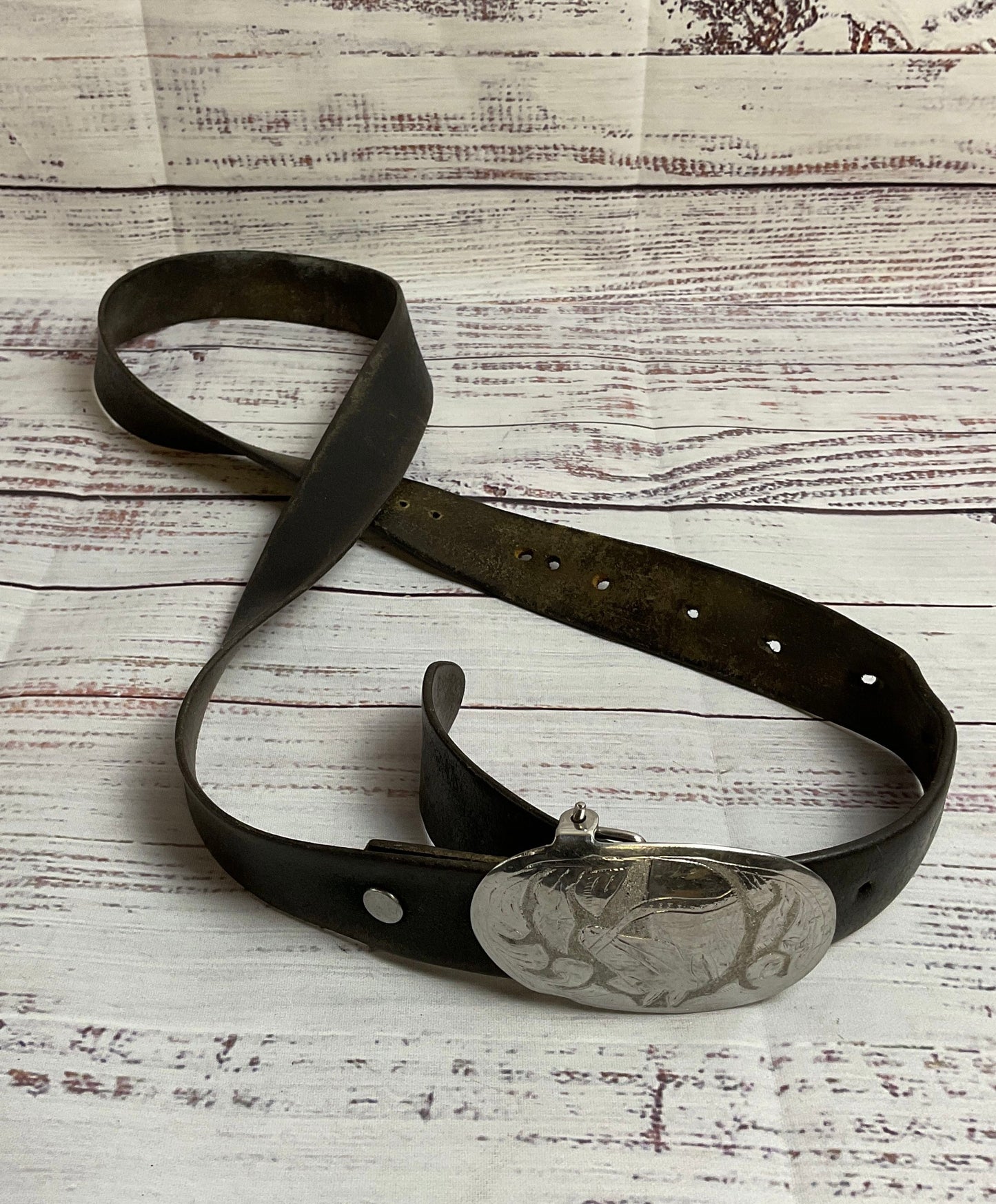 Vintage Leather Brown Belt with Silver Hinge Buckle