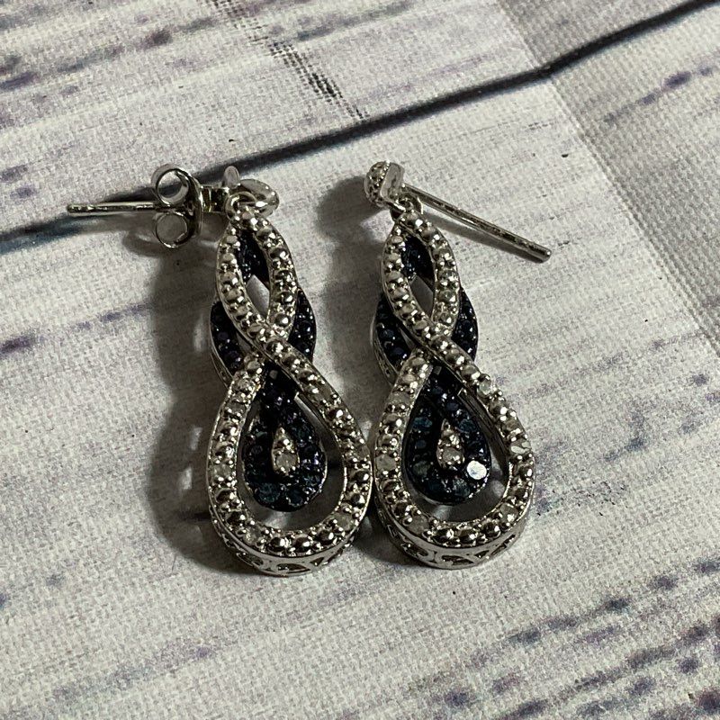 VTG. FAS Silver Time Diamond & Sapphire Accent Dangle Earrings- 1.25"