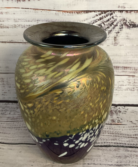 Brian Maytum Vintage 1990 Hand Blown Oil Spot Pulled Cobalt Vase Multicolor