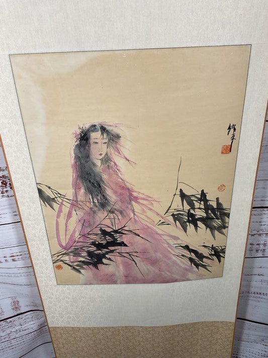 Vintage Watercolor Asian Women Brush Art Signed on Scroll Floral Cloth Pattern