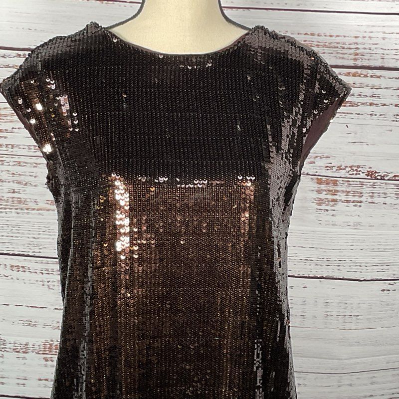 NWT MAEVE for ANTHROPOLOGIE Women's Brown Sequin Short Side Slit Dress- SZ XS