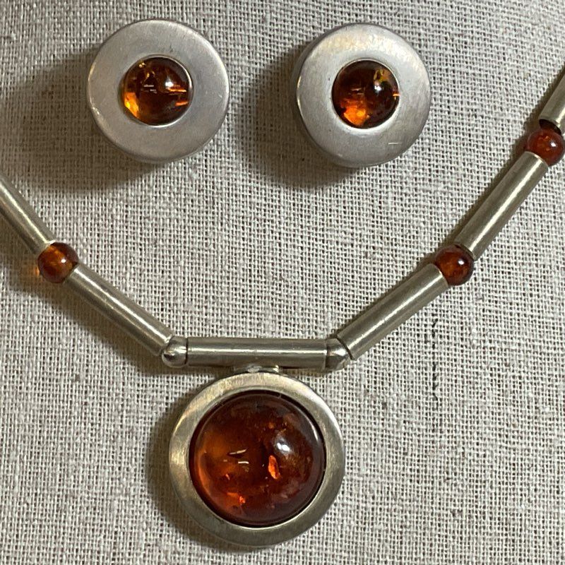 Sterling Silver Bar Beads & Cabochon Amber 16.5" Necklace and Earring Set- 48g