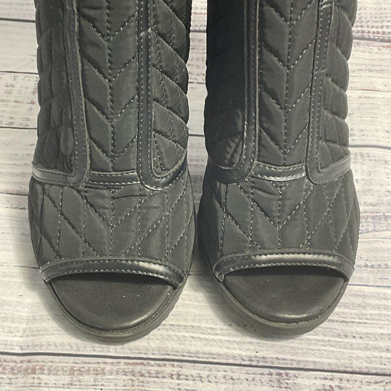 Karl Lagerfeld Britney Quilted Black Ankle Strap Open Toe Pump Boots Women's 7.5