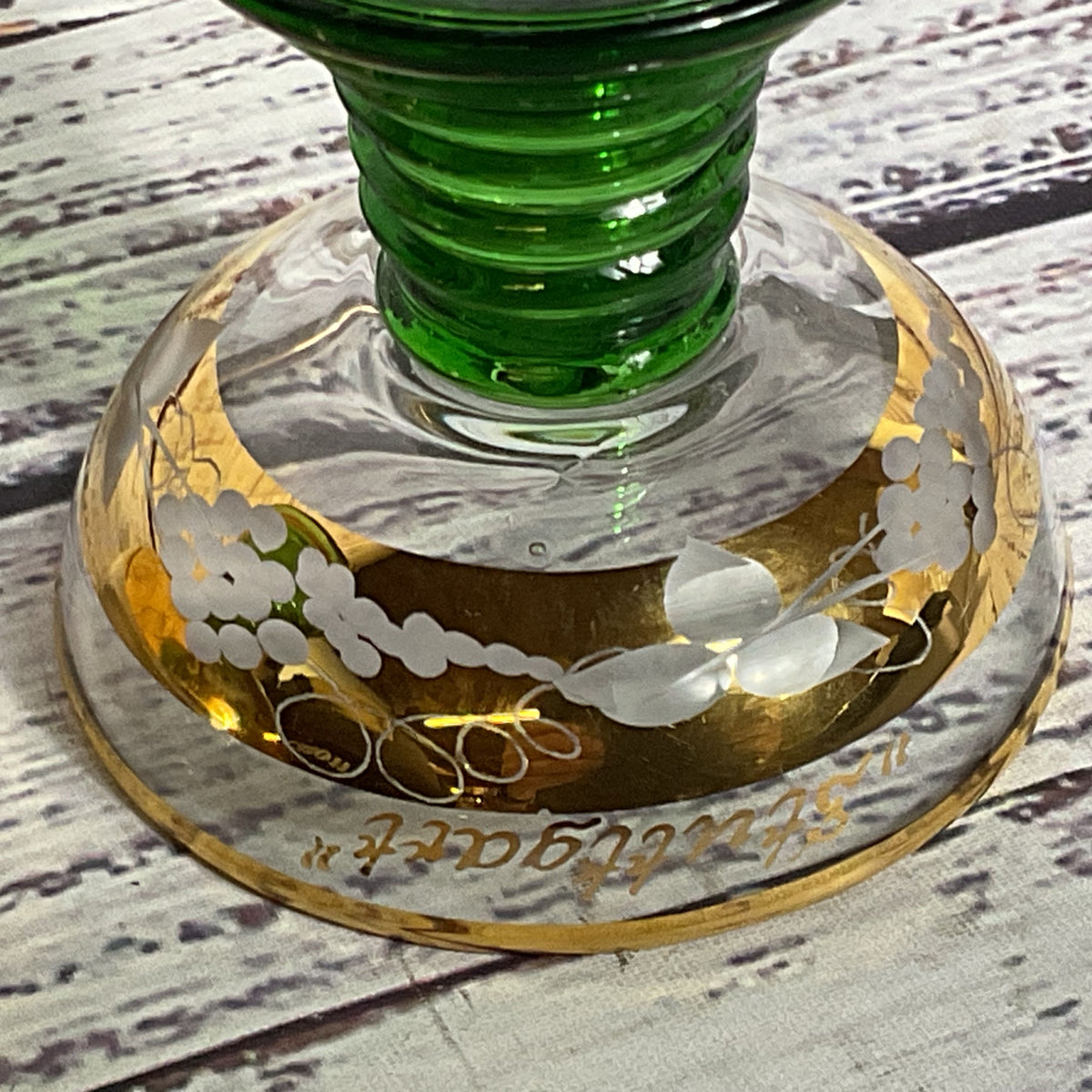 Set of 2 VTG. STUTTGART & ALTENSTEIG Green Gold Trim Cordial Glasses- 2.5"