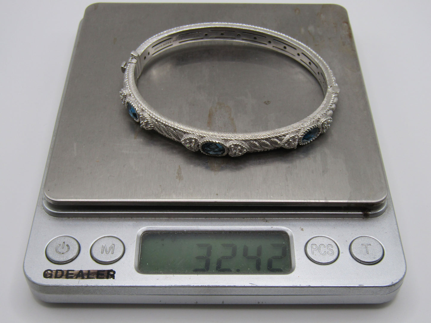 Judith Ripka Sterling Silver Blue Topaz Heart Cable Bangle Bracelet
