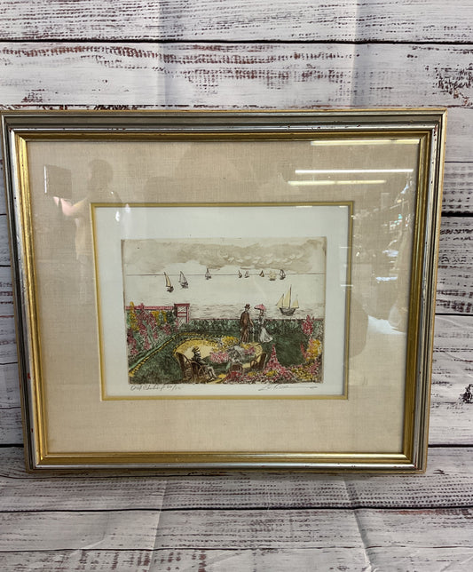Garden Overlooking the Sea Etching by Marianne L. Almasy Signed Framed