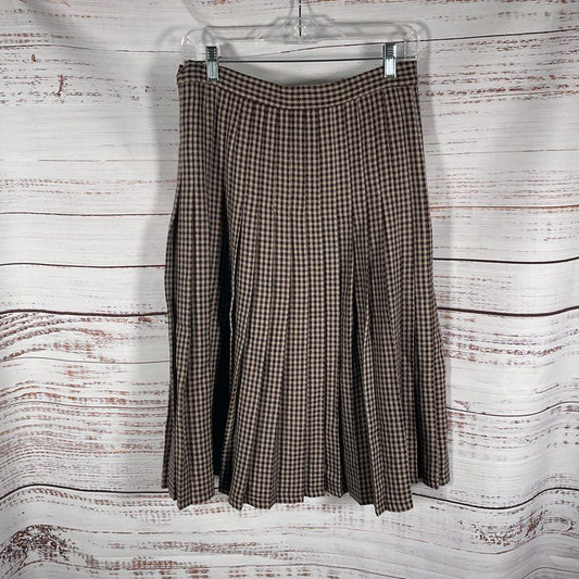 VTG. Jaeger Tan Houndstooth Pleated Wool Skirt - Size 12