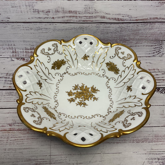 Reichenbach Fine China Ceramic White Footed Floral Design Bowl Gold 11"