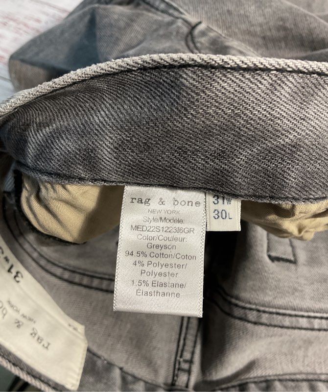 Rag & Bone Jeans Men's 31x30 Gray Fit 2 Slim Cotton Blend