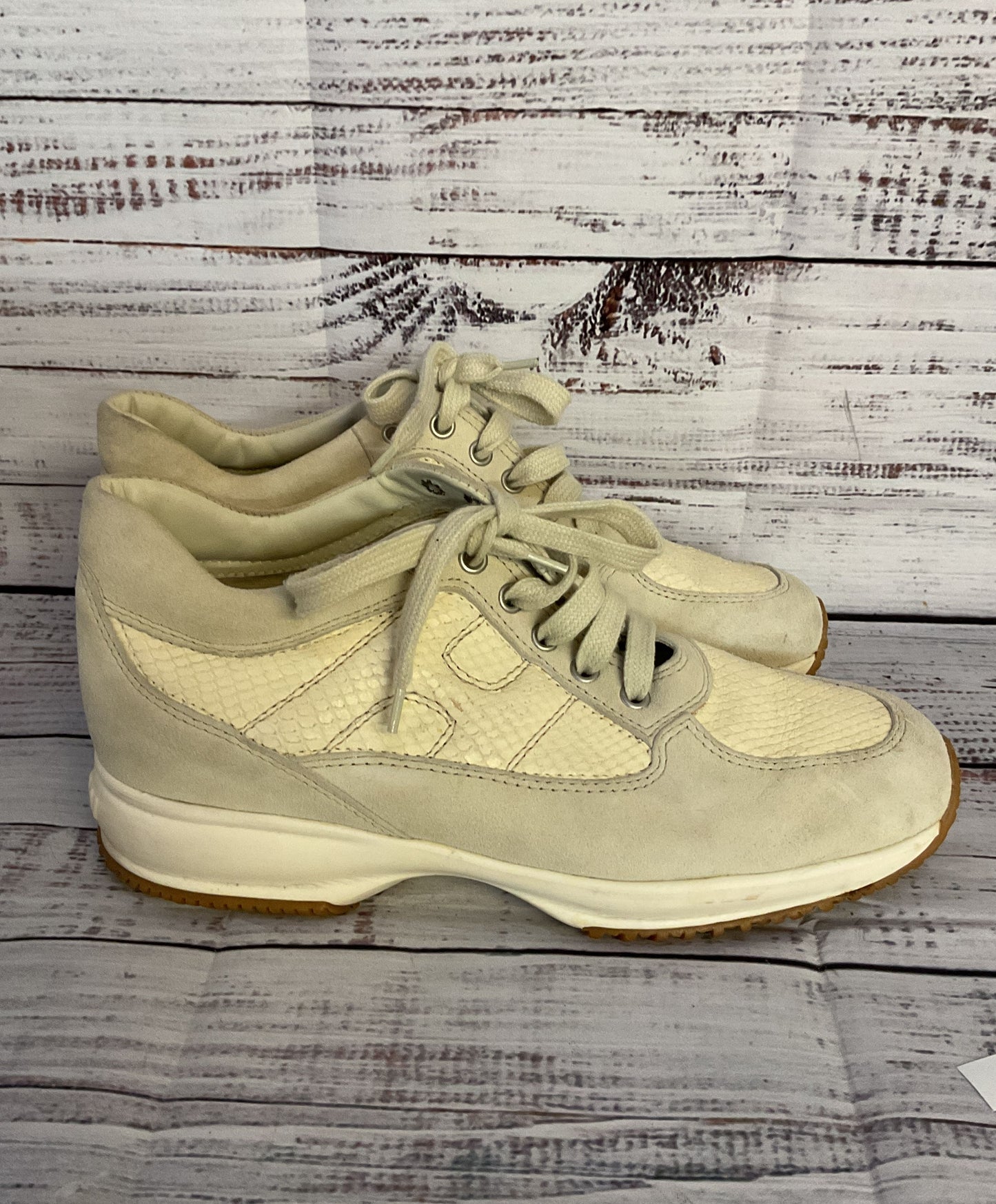 Hogan Suede Trimmed Snake Embossed Sneakers Light Grey Beige 9