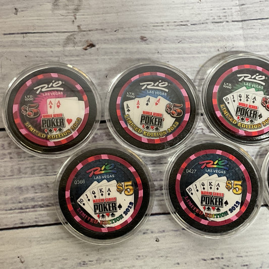 2012 & 2013 Rio Casino Limited Edition $5 Gaming Poker Chips (Set of 7)