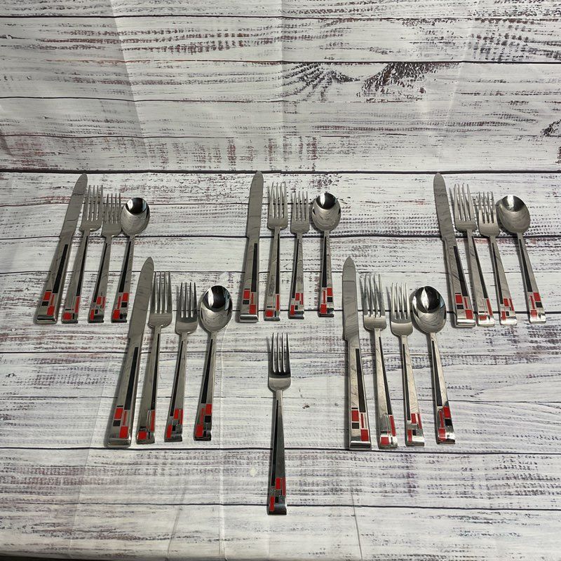Kirk Stieff Composition Cloisonne Red/Black Mondrian 21 Piece Flatware Set