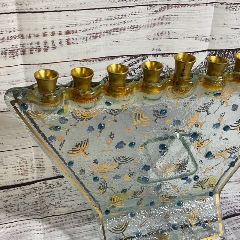 Judaica Art Glass Menorah with Brass- 8.25" x 11"