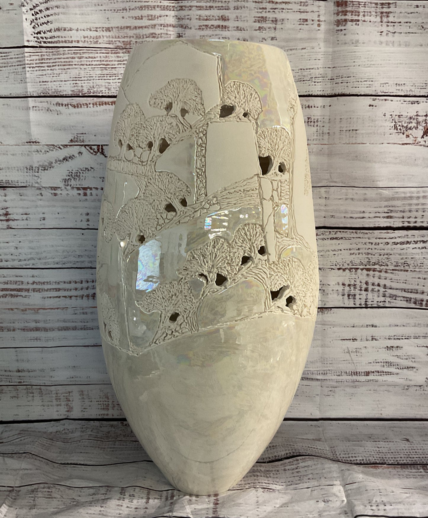 Tim & Erica Peters Lusterware Tree Carved Decorative Vase White Iridescent