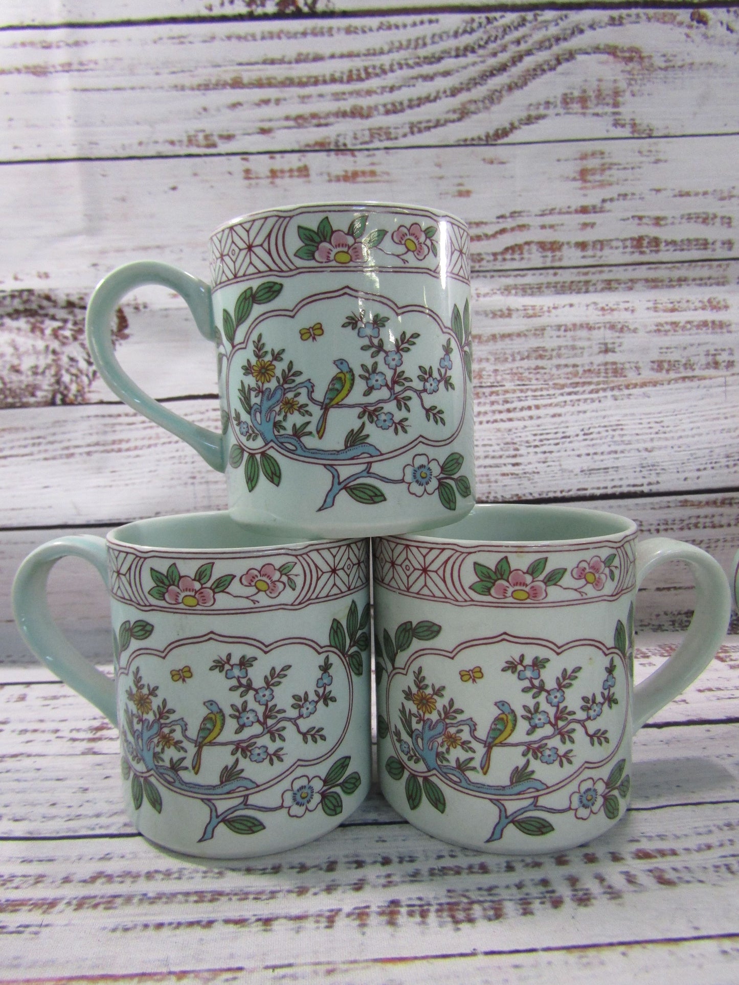 Adams Singapore Bird Floral Bird Motif Ironstone Mugs Made in England Set of 6