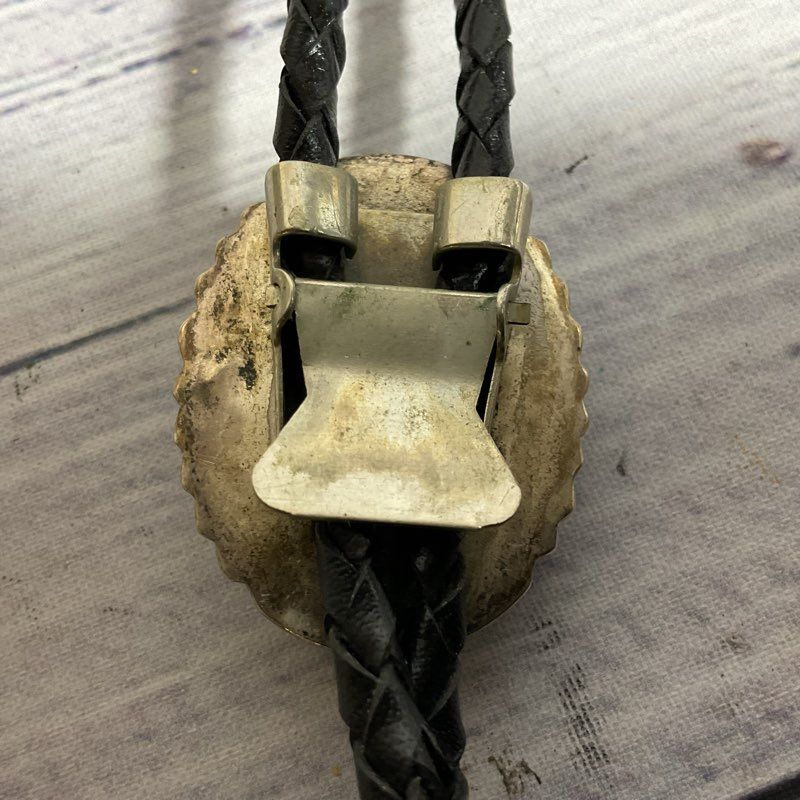 VTG. Sterling Silver Malachite Black Leather Rope Bolo Tie