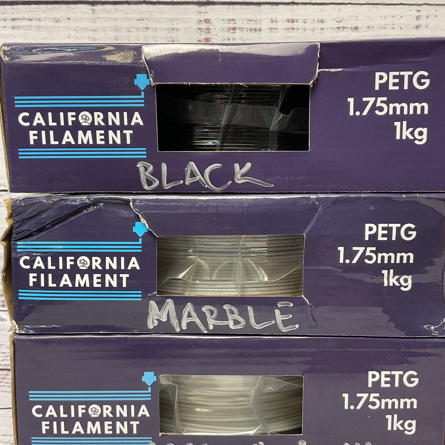 California Filament PETG 1.75mm 1Kg lot of 3 Black Marble Paper White 3Kg Total