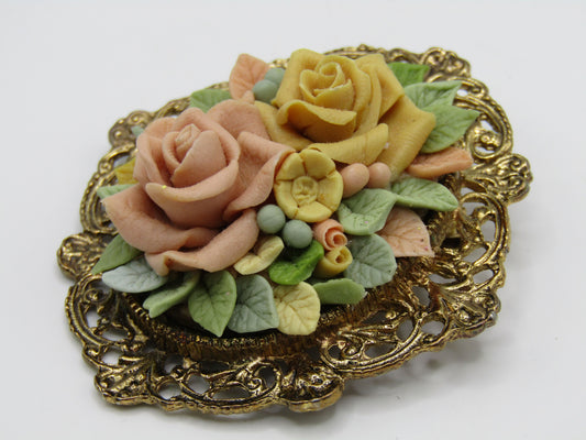 Vintage Gold Plated Ceramic Floral Bouquet Brooch Pin Jewelry Set