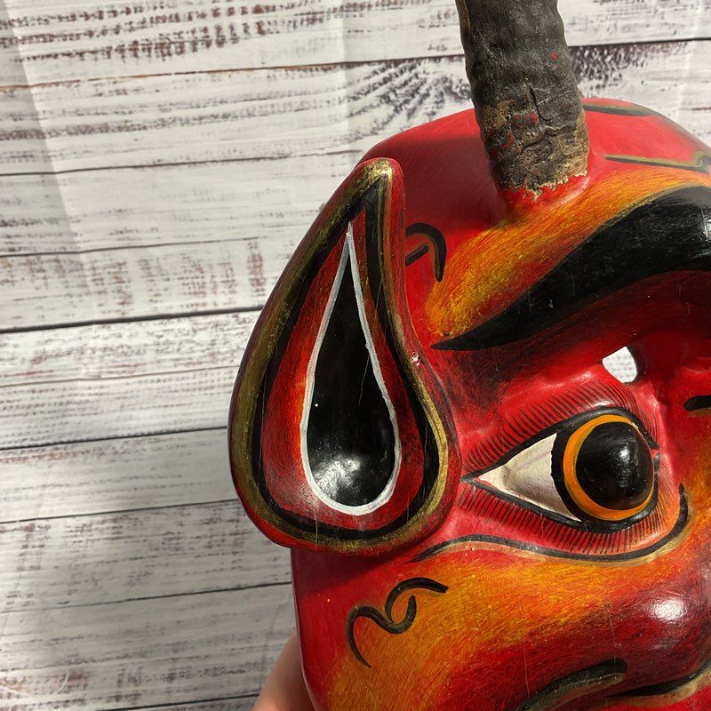 Vintage Wooden Hand Carved And Painted Red Diablo Mask Art W/ Real Animal Horns