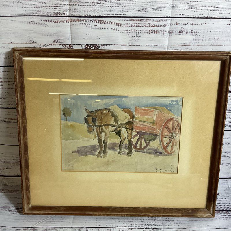 Signed VTG./ANTIQUE P.FIRENZE Horse & Wagon Watercolor Painting