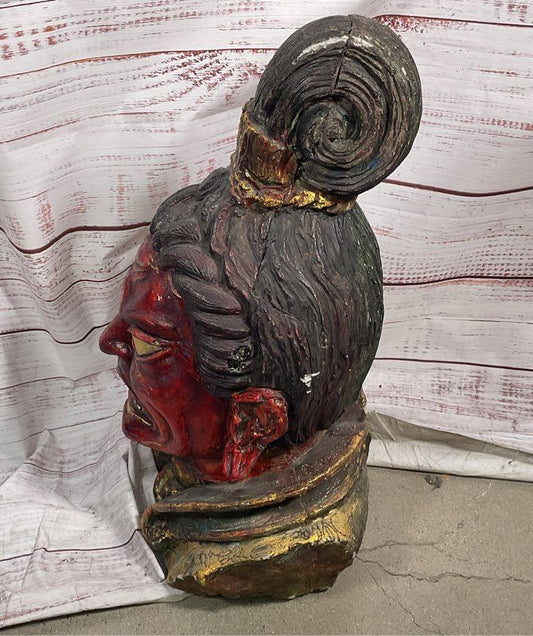 Vintage Wooden Carved Japanese 30" Guardian Bust Multicolor