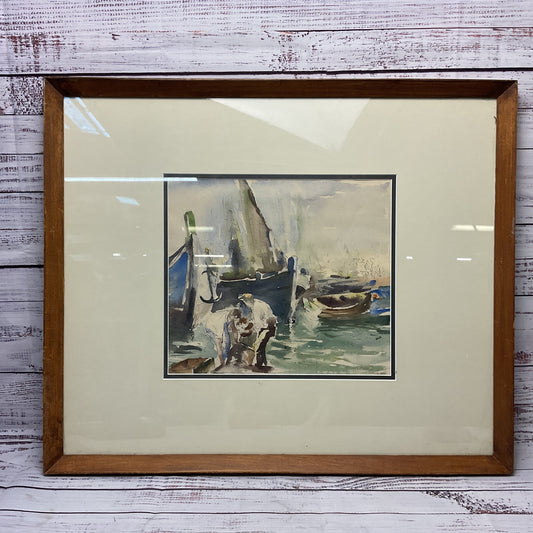 Fishermen Standing Working in Front of Boats Watercolor by G. Pimenta? Signed.