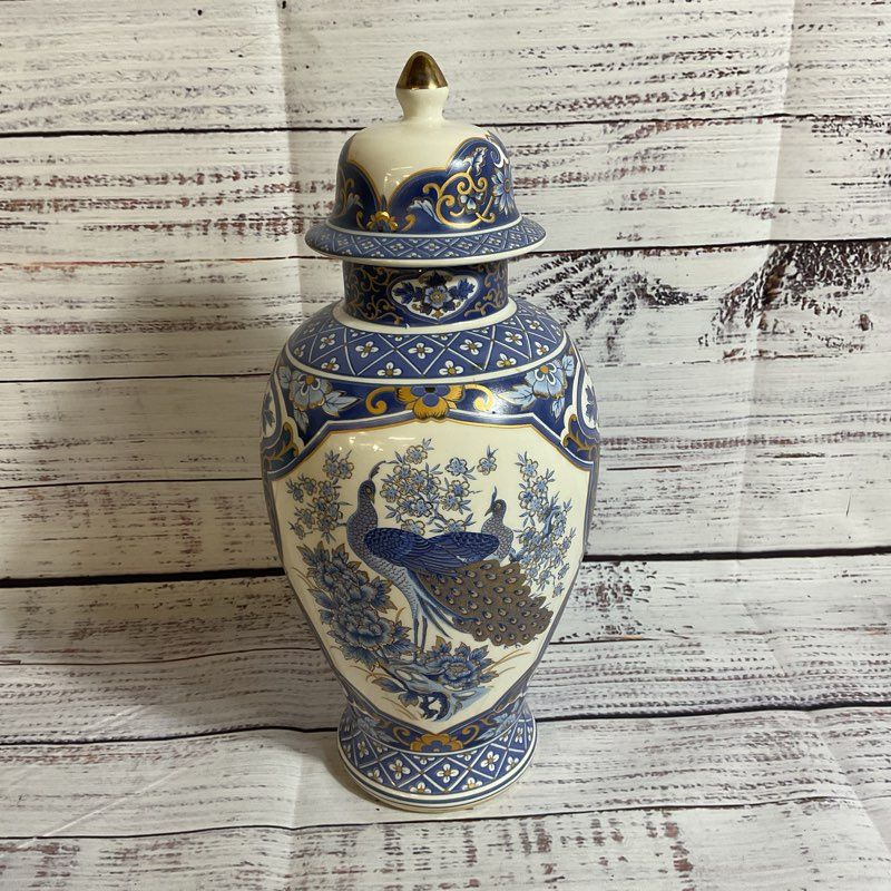 VTG. PANDA Pottery Peacock Motif Jar with Lid- 10.5"