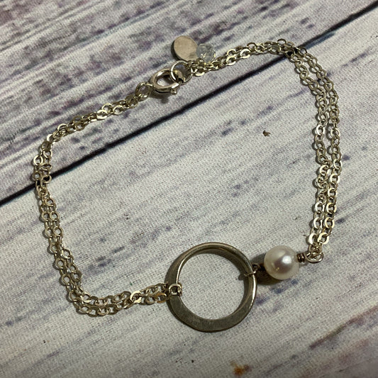 EFY Sterling Silver Faux Pearl and Rhinestone Double Chain 7" Bracelet- 2.26g