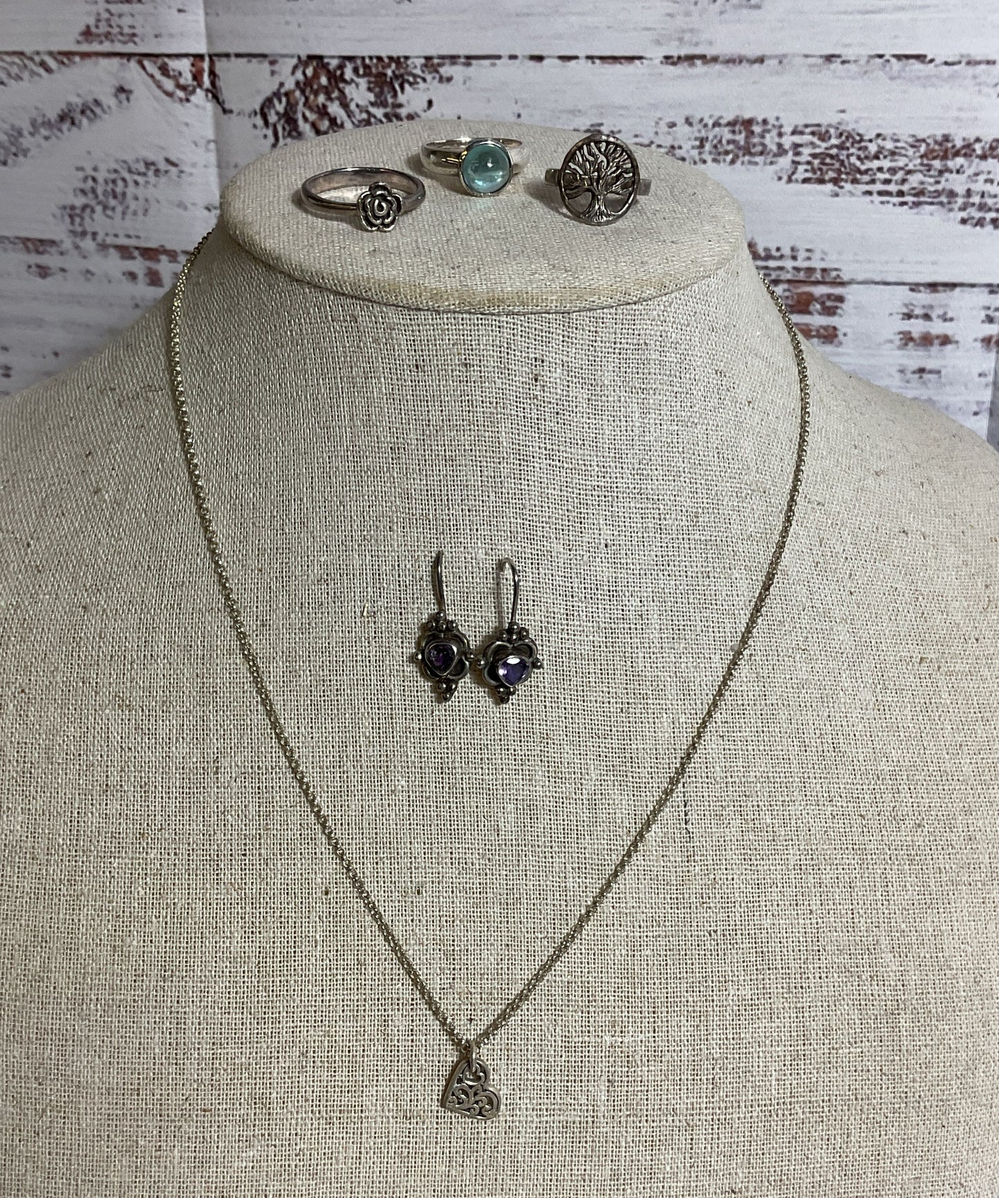 Lot of Sterling Silver 3 Rings, Earrings, Necklace- 14.62g