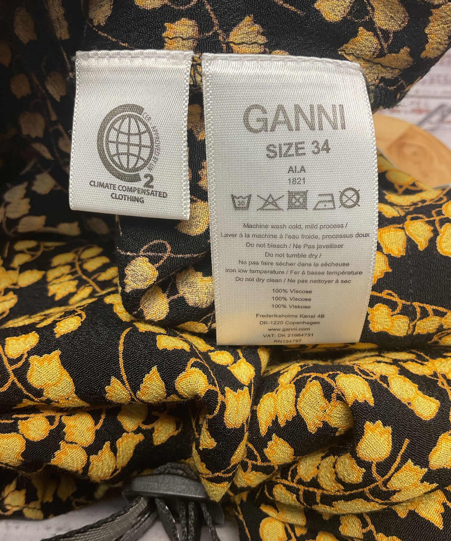 Ganni Black Yellow Floral Print Long Sleeve Blouse Top - Size 34