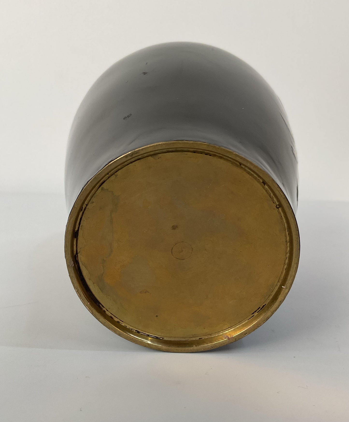 Vintage Brass Black Lacquer Floral Bird Motif Mother of Pearl Inlay Vase