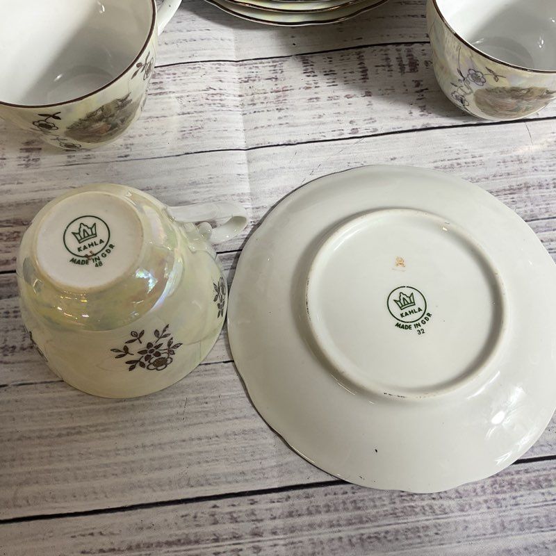 VTG. KAHLA Madonna Iridescent Cups And Saucers- SET OF 5