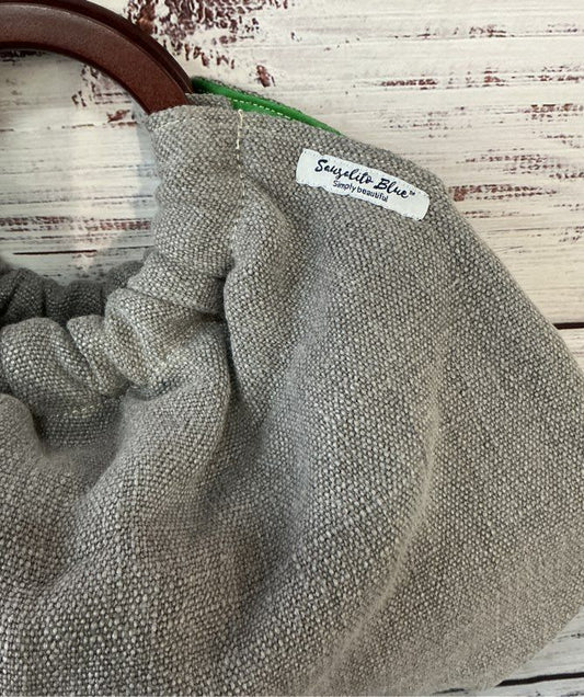 Women's Sausalito Blue Handbag with green lining and wooden handle