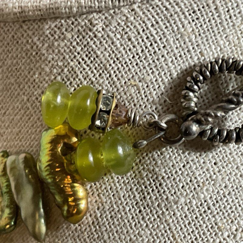 Sterling Silver Green Biwa Pearl & Green Gemstone Beaded Necklace- 17"
